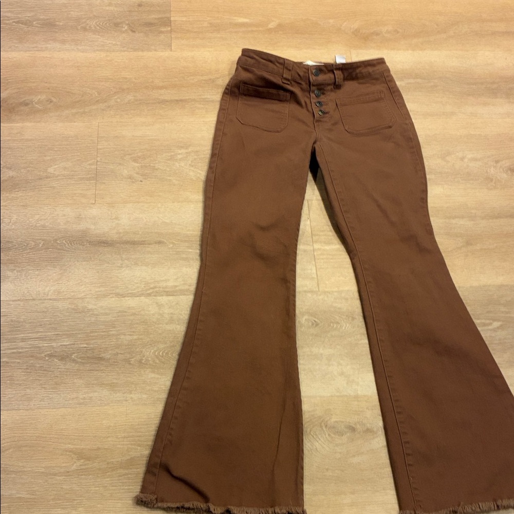 Button Fly Wide Leg Celebrity Pink Flower Brown 70โs Flair Hippie Boho Sz 5